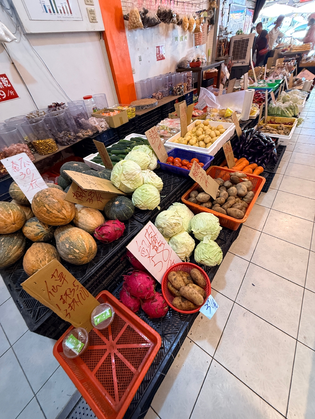 蔬果攤位內各種蔬菜如南瓜、包心白菜、火龍果與番茄，價格牌醒目標示。
